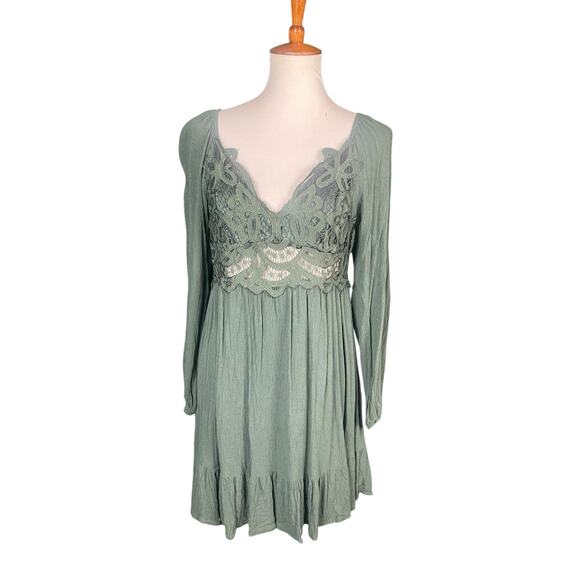 Francesca Mi Ami Mini Dress Size L Green Crotchet Tiered Ruffled Boho Peasant - Picture 1 of 13